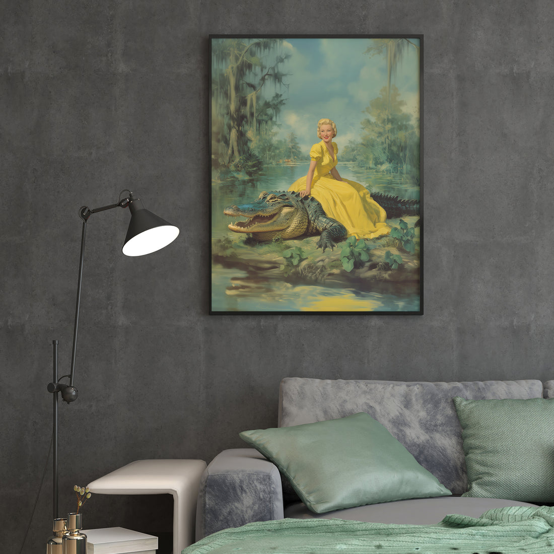 Transport your space to the mystique of the Louisiana bayou with this captivating canvas wall art. Featuring a striking vintage aesthetic, the piece showcases a woman in a vibrant yellow dress set against an atmospheric alligator scene that evokes Southern Gothic charm. The rich, moody color palette and nostalgic composition create an intriguing focal point perfect for living rooms, above sofas, or beside bedroom furniture. This statement piece brings character and storytelling to your home while maintainin