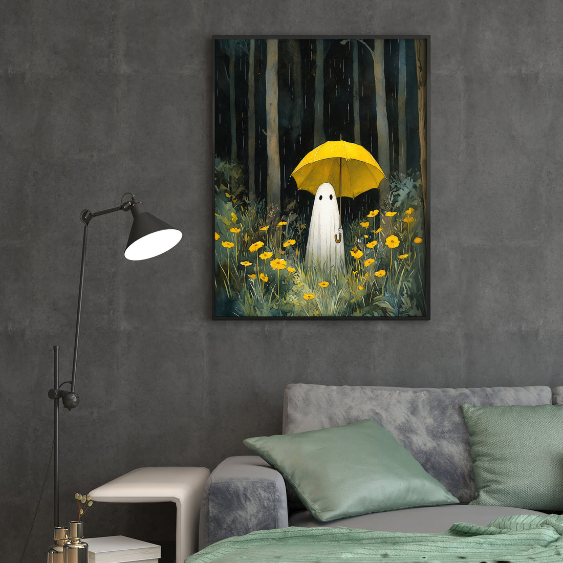 Elevate your living space with the Ghost in Rain Art Canvas Print, featuring a striking yellow umbrella adorned with delicate flowers. This expertly crafted piece adds a vibrant yet serene touch, perfect for enhancing your living room, sofa backdrop, or bedside area. Its subtle blend of color and imagery creates a calming atmosphere, making it an ideal home decor choice for those seeking both style and tranquility. Durable and easy to hang, this canvas print transforms any room into a refined and inviting e