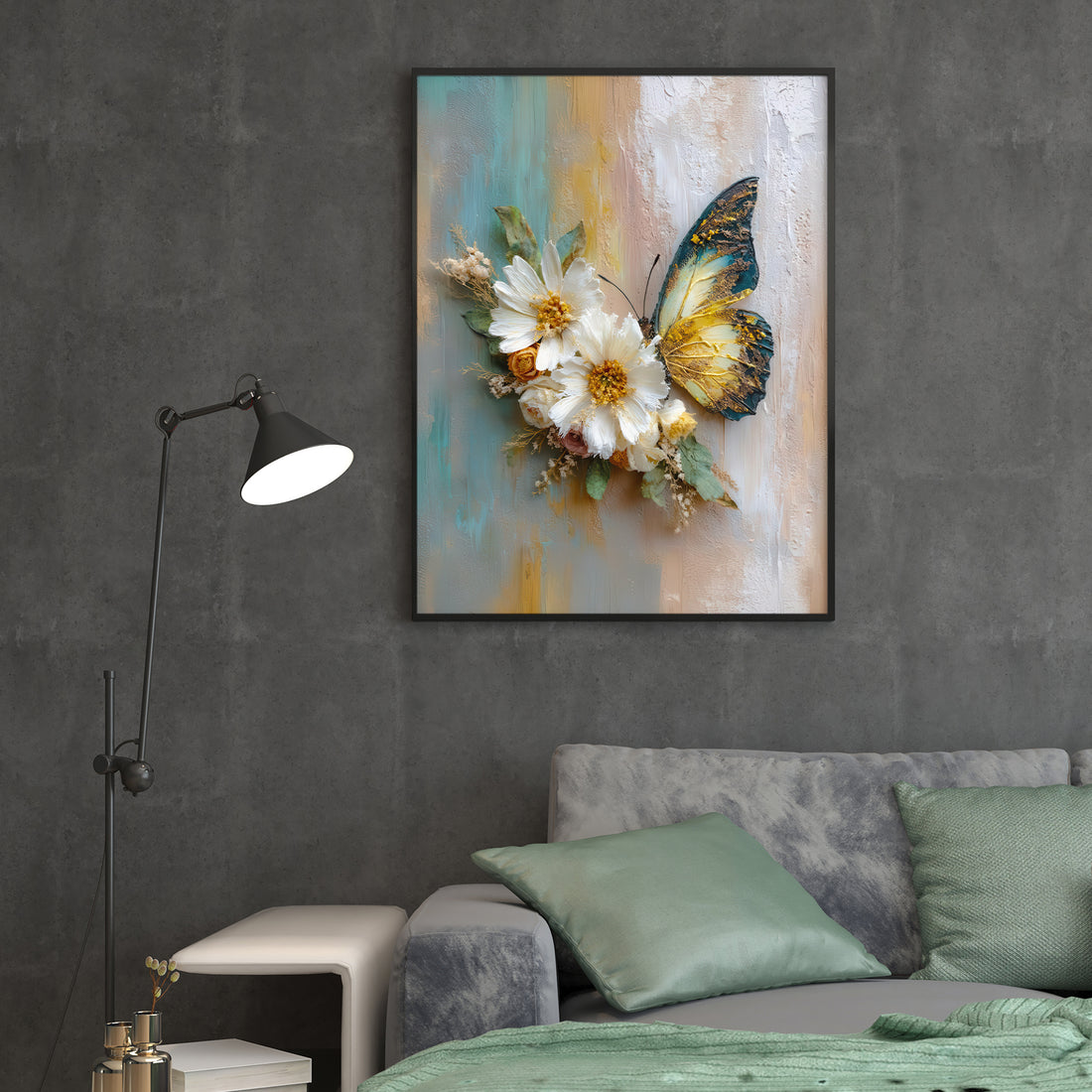 Transform your living space with this sophisticated canvas wall art featuring delicate white daisies and an elegant butterfly rendered in rich, textured oil painting style. The three-dimensional surface creates depth and visual interest, catching light beautifully from different angles.