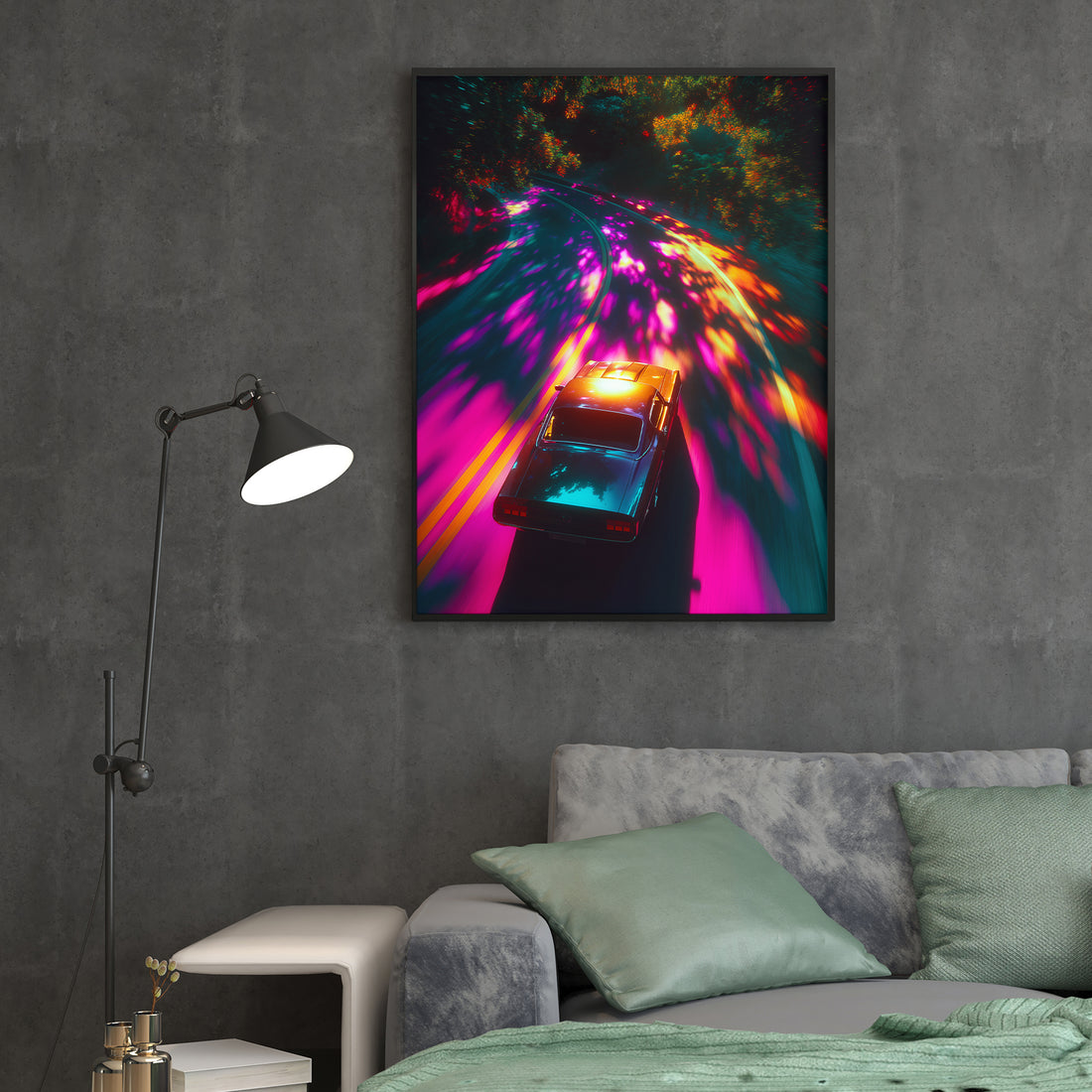 Transform your space with this striking neon-inspired canvas art featuring a high-speed car racing through a luminous night landscape. Rendered in bold pink and orange neon tones against a dark backdrop, this modern print captures the energy and excitement of urban nightlife.