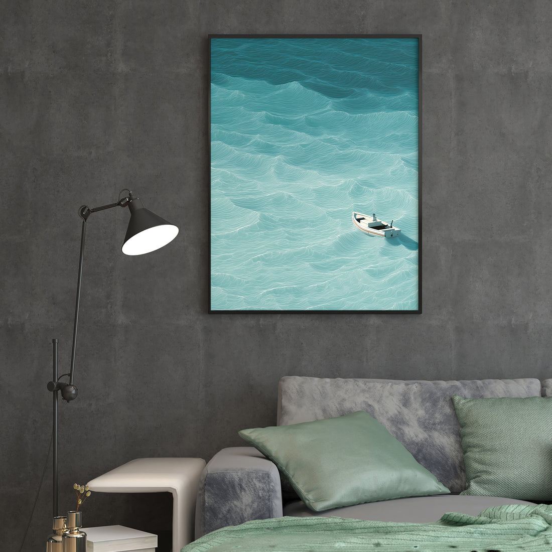 Transform your space with this captivating seascape canvas, featuring a serene turquoise ocean and solitary white boat. The tranquil composition creates a focal point that draws the eye while promoting calm and relaxation. Perfect for living rooms, bedrooms, or above sofas, this piece brings coastal elegance to any interior. The rich color palette and balanced composition complement modern and traditional décor alike. Ideal for those seeking to infuse their home with peaceful, nautical-inspired aesthetics.