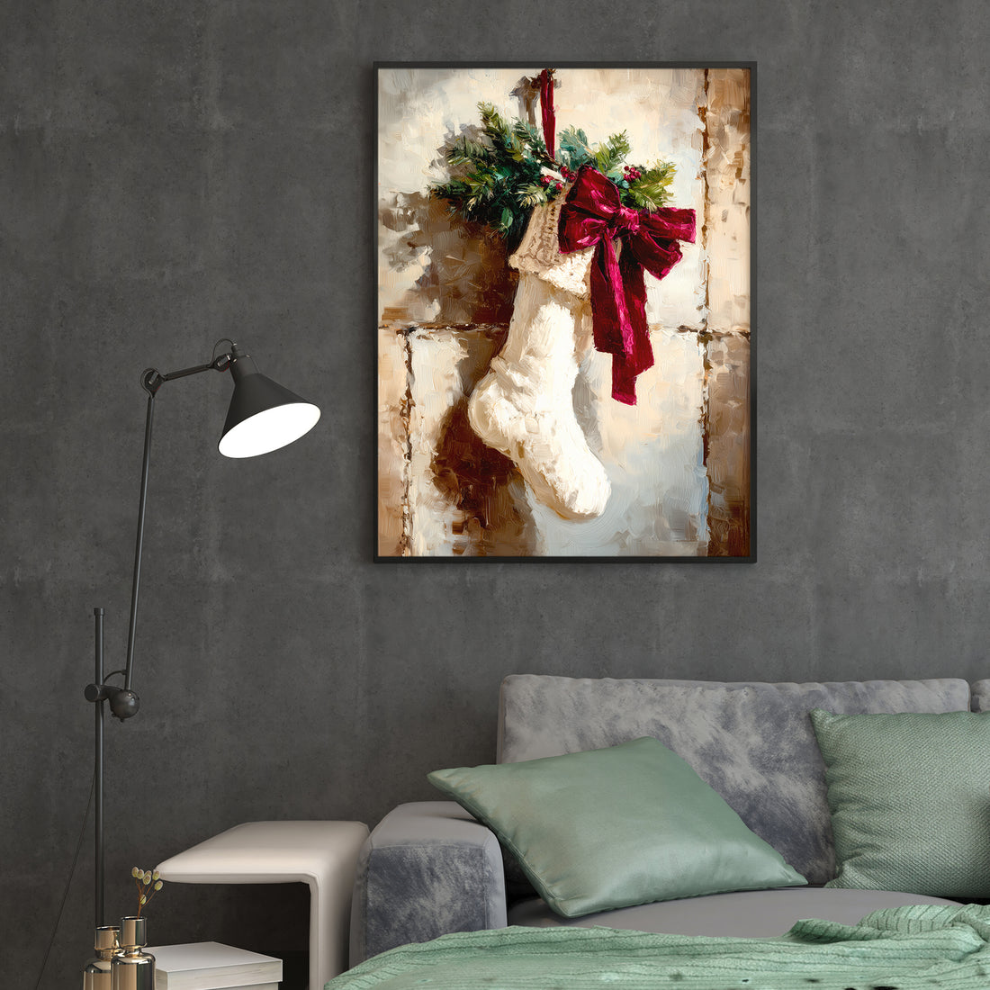 Elevate your seasonal décor with this sophisticated Christmas stocking canvas print, expertly designed to capture the warmth of holiday traditions. Featuring a beautifully rendered stocking adorned with a vibrant red bow and lush greenery accents, this piece brings festive elegance to any room.