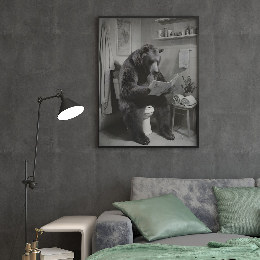 Bring unexpected humor into your home with this striking black and white photography print featuring a curious black bear in a bathroom setting. This canvas wall art captures a delightfully absurd moment that sparks conversation and laughter among guests. Perfect for living rooms, bedside walls, or above sofas, it combines artistic quality with witty charm