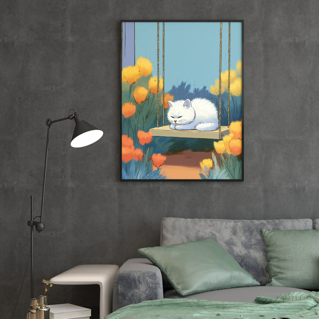 Enhance your living space with this elegant Sleeping White Cat Canvas Wall Art featuring a serene garden swing scene. Perfectly sized for living rooms, sofa backdrops, or bedside decoration, this print adds a calming and sophisticated touch to your home decor. Crafted to bring tranquility and charm, it complements various interior styles while creating a peaceful ambiance.