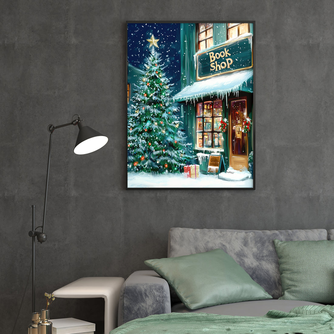 Transform your space into a winter wonderland with this enchanting canvas wall art depicting a cozy Christmas book shop blanketed in fresh snow. The atmospheric night scene captures the warmth and charm of holiday traditions, featuring intricate details that draw the eye and spark imagination.