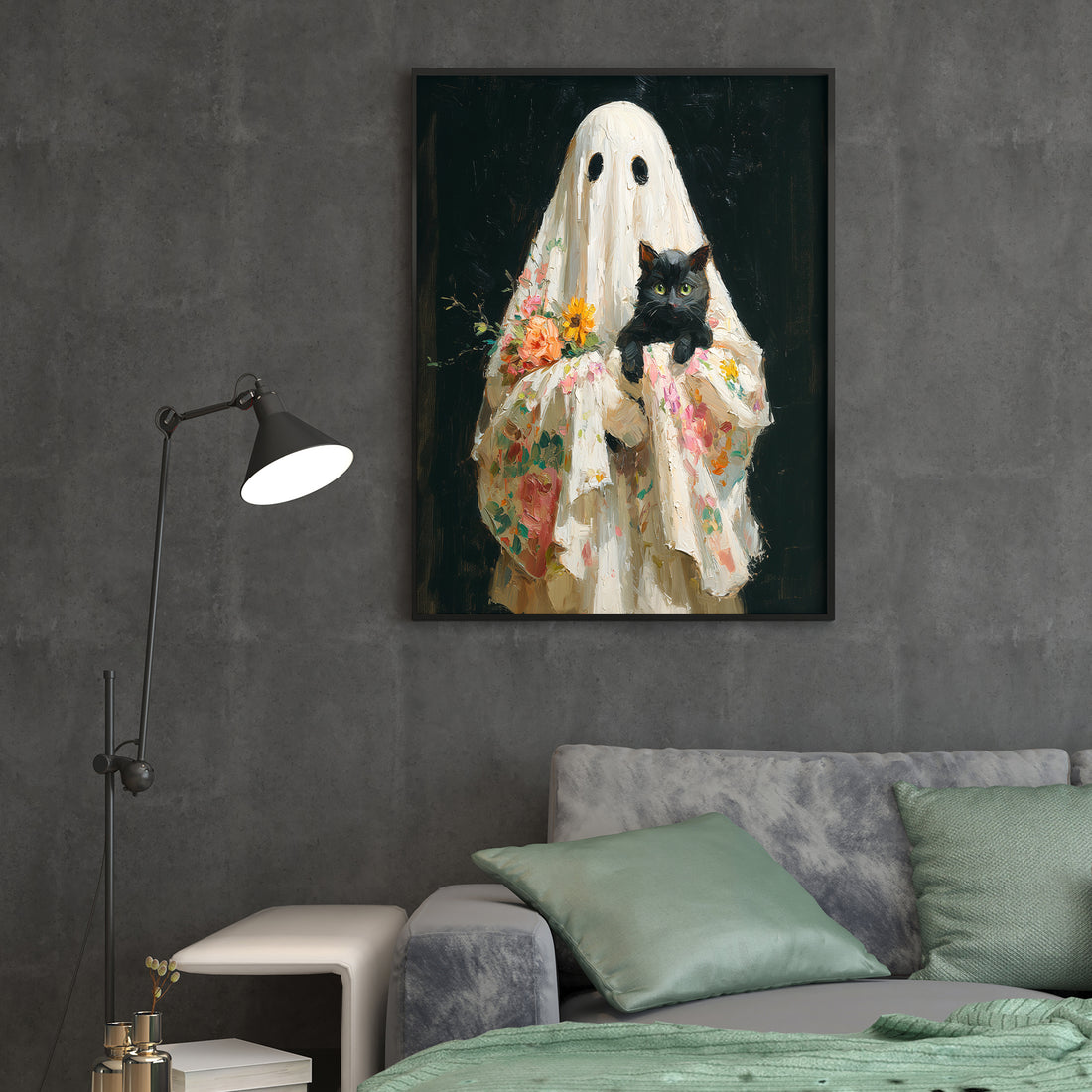 Elevate your home ambiance with this Halloween Ghost and Black Cat oil painting on canvas. Expertly crafted, it features a hauntingly beautiful design perfect for living rooms, sofa backdrops, or bedside decoration. The high-quality canvas and vivid colors ensure lasting appeal, making it an ideal seasonal accent that blends artistry with festive charm.