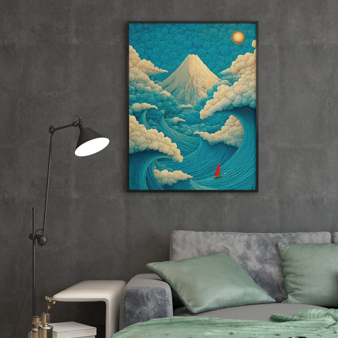 Inspired by traditional Japanese woodblock aesthetics, this striking canvas print captures a serene coastal landscape where turquoise waves meet majestic mountains. A solitary red sailboat provides a bold focal point against the tranquil seascape, creating dynamic visual interest. The sophisticated color palette—rich teals, deep blues, and vibrant crimson accents—complements contemporary and classic interiors alike.