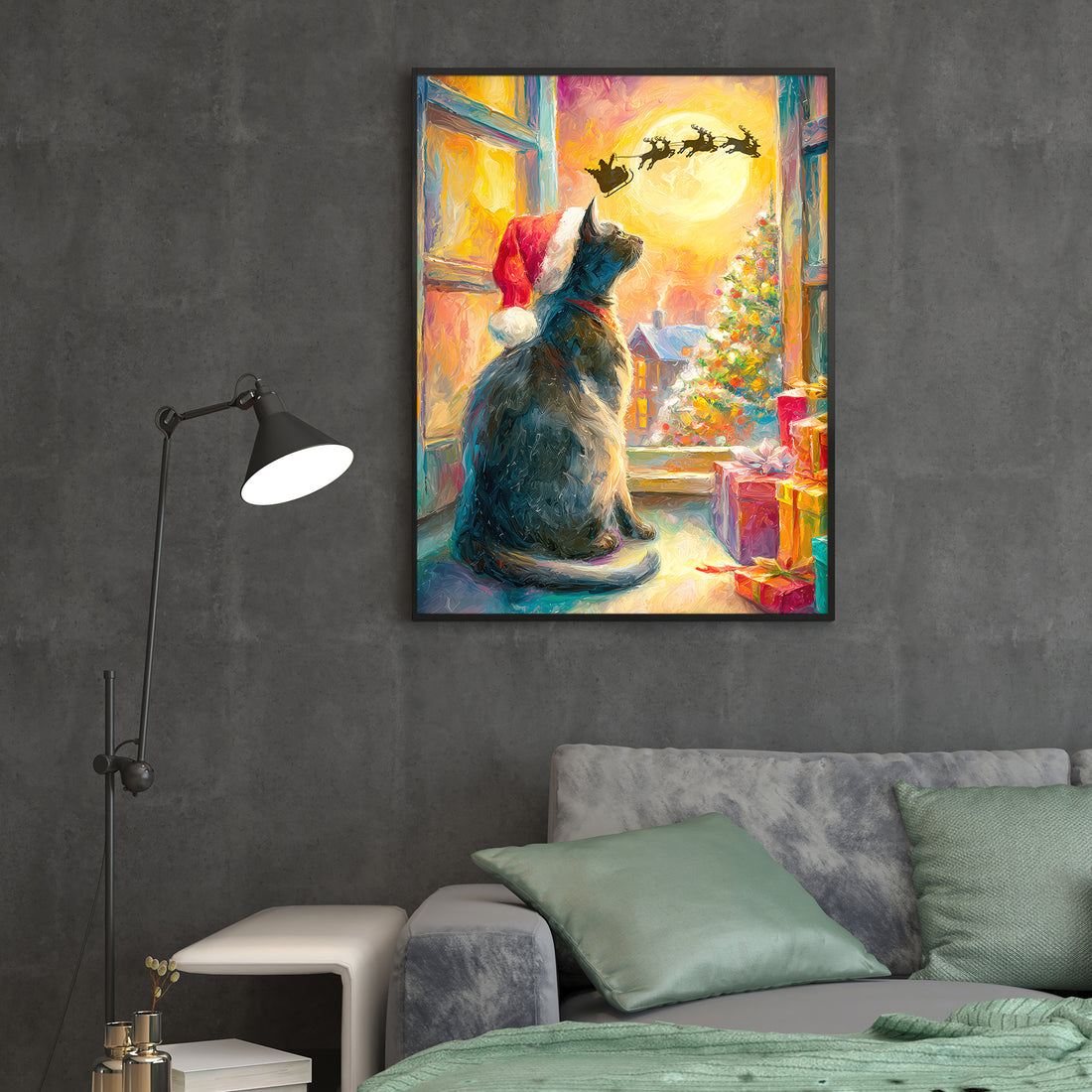 Capture the magic of Christmas Eve with this enchanting canvas wall art featuring a silhouetted black cat gazing up at Santa's sleigh soaring across a luminous moon. This festive print combines whimsical holiday charm with sophisticated design, making it an ideal focal point for living rooms, bedside walls, or above sofas.