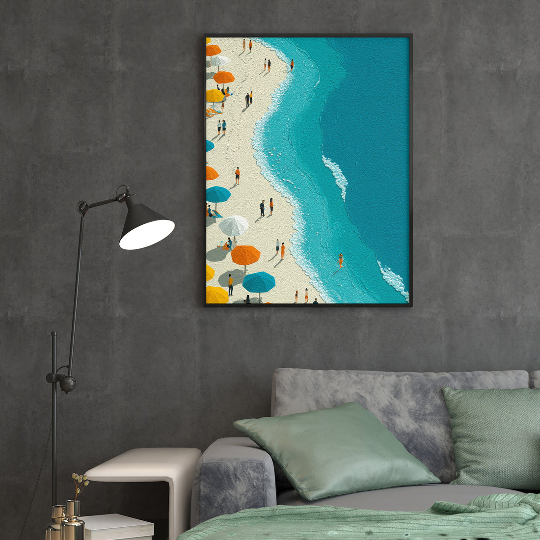 Capture the essence of coastal paradise with this stunning aerial canvas art. Featuring a breathtaking bird's-eye perspective of a pristine beach dotted with vibrant umbrellas against crystalline turquoise waters, this piece brings vacation vibes directly into your home. The dynamic composition and rich color palette make it an ideal focal point for living rooms, bedrooms, or above sofas. Expertly printed on premium canvas with fade-resistant inks, this artwork delivers gallery-quality detail and lasting vi