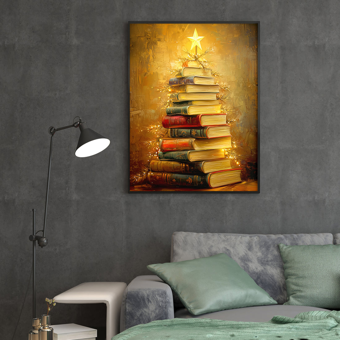 Transform your space with this distinctive canvas wall art featuring a creatively arranged Christmas tree composed entirely of stacked books. Perfect for literary enthusiasts and design-conscious homeowners, this piece merges festive charm with intellectual appeal. The warm, inviting composition works beautifully as a living room focal point, sofa backdrop, or bedroom accent.