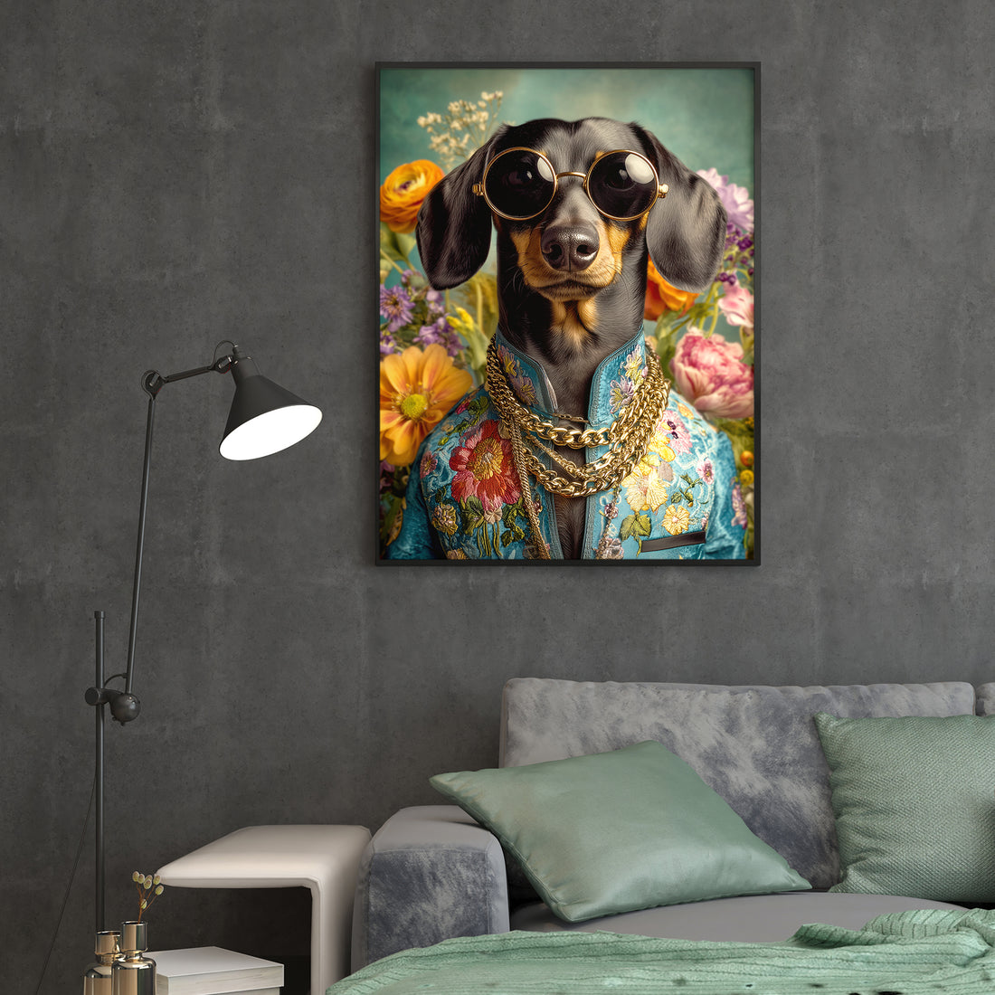 Elevate your interior design with this striking dachshund canvas art that seamlessly blends contemporary style with whimsical charm. Featuring a fashionable dachshund adorned with sunglasses and a gleaming gold chain, set against a vibrant floral backdrop, this piece makes a bold statement in any room.