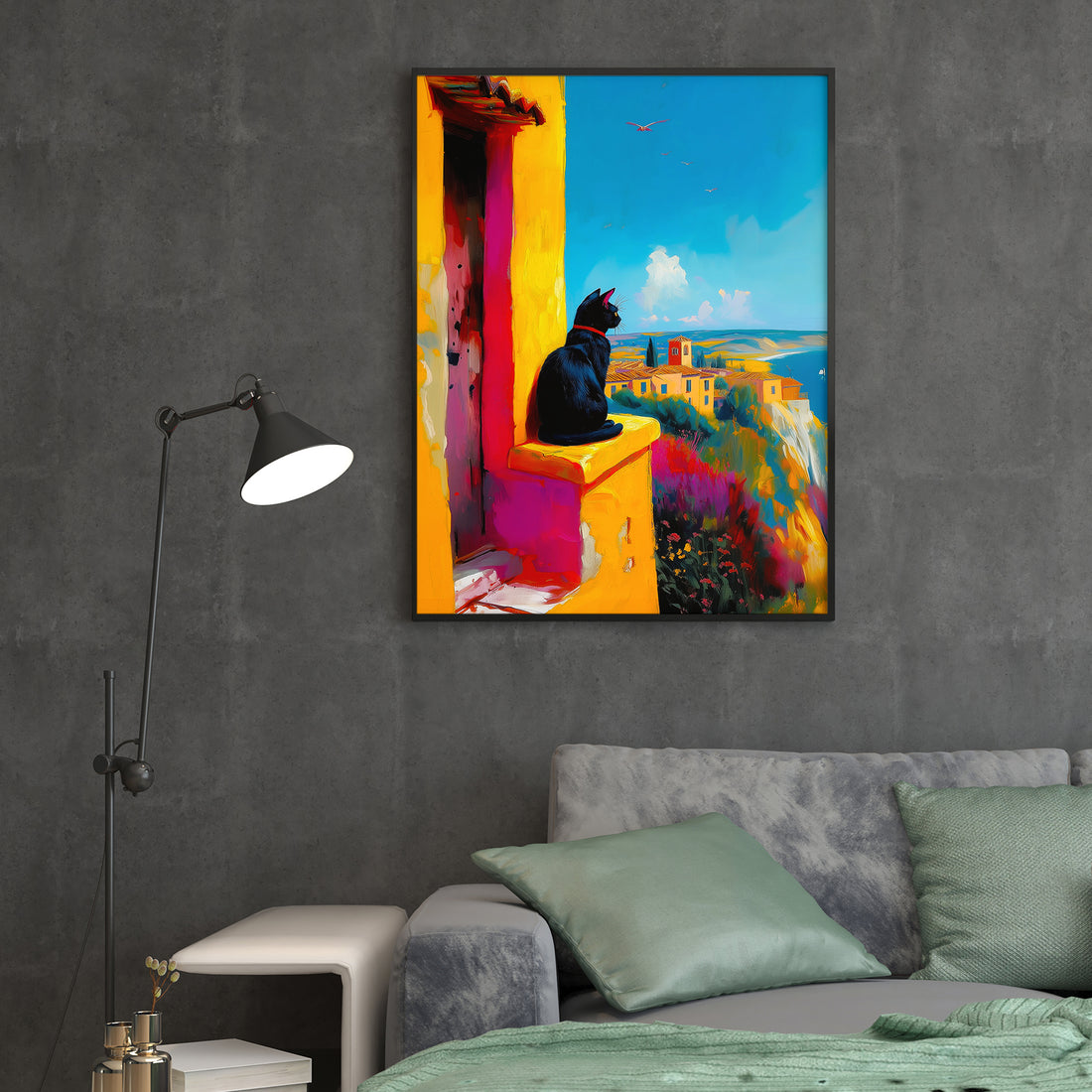 Bring Mediterranean charm into your home with this striking canvas wall art featuring a black cat silhouette against a coastal-inspired backdrop. The minimalist design captures the essence of seaside living while the bold feline silhouette adds contemporary character to any room.