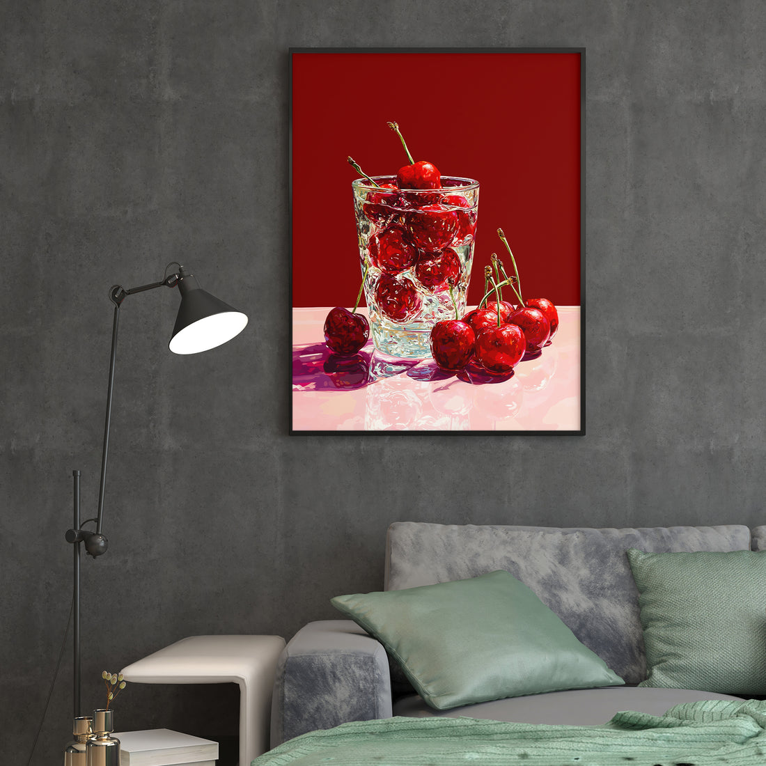 Transform your space with this striking kitchen still life canvas wall art, featuring vibrant red cherries rendered in rich detail. The glass print technique creates exceptional depth and luminosity, making the fruit appear to leap from the wall. Perfect for anchoring a living room, adding visual interest above a sofa, or creating a sophisticated focal point in bedrooms and dining areas.