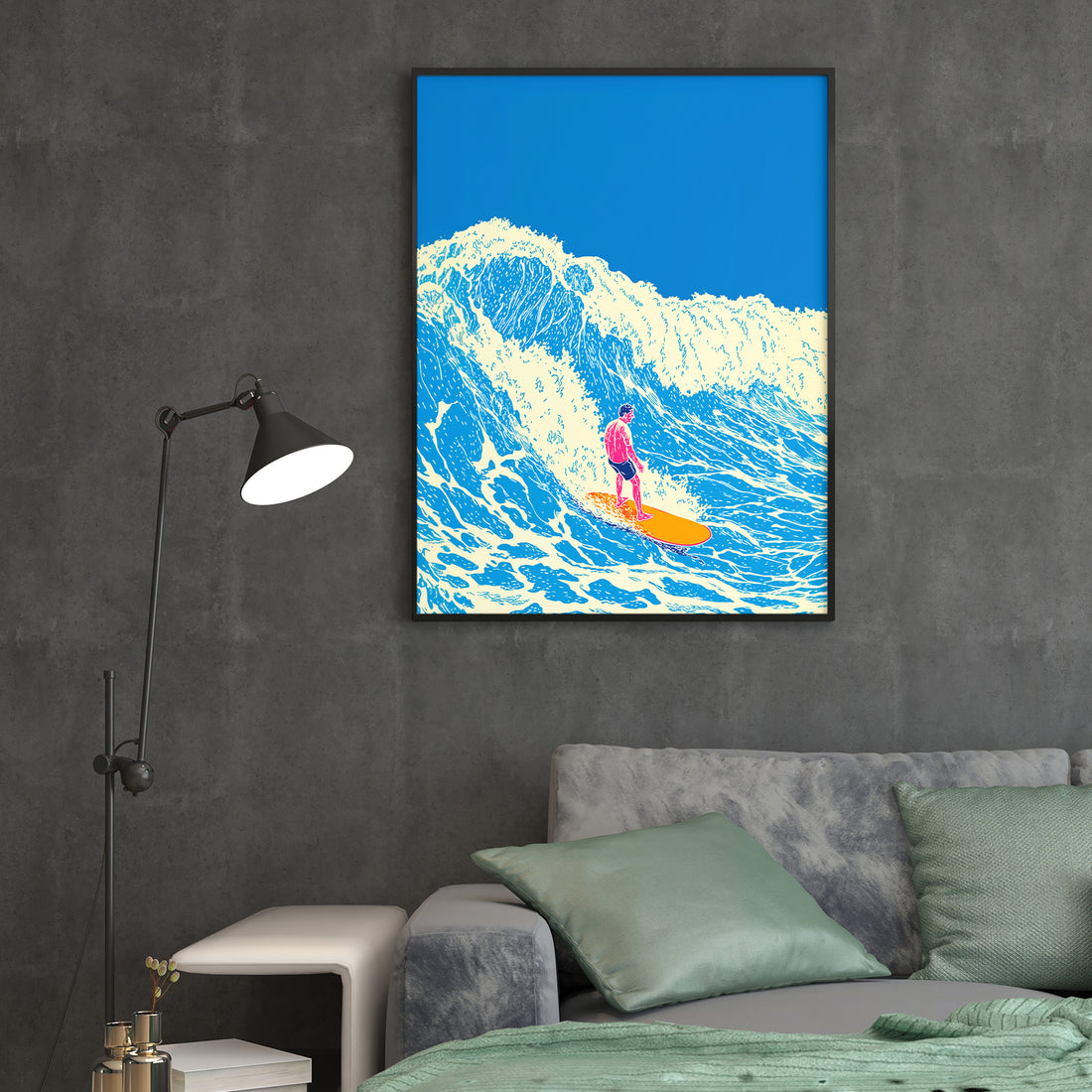 Capture the essence of coastal living with this striking ocean wave surfing art print. Rendered in dynamic shades of blue and orange, this modern piece brings energy and movement to any space. 