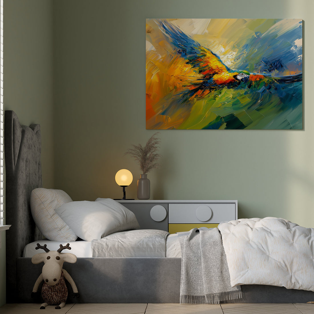 Elevate your living space with this Vibrant Macaw Bird Canvas Wall Art, featuring an abstract oil painting that captures the dynamic colors and energy of the macaw. Perfect as a striking backdrop for your sofa or bedside, this piece adds a sophisticated touch to home decor while enhancing the ambiance with its bold, artistic expression. Crafted to bring both vibrancy and elegance, it seamlessly complements modern interiors.