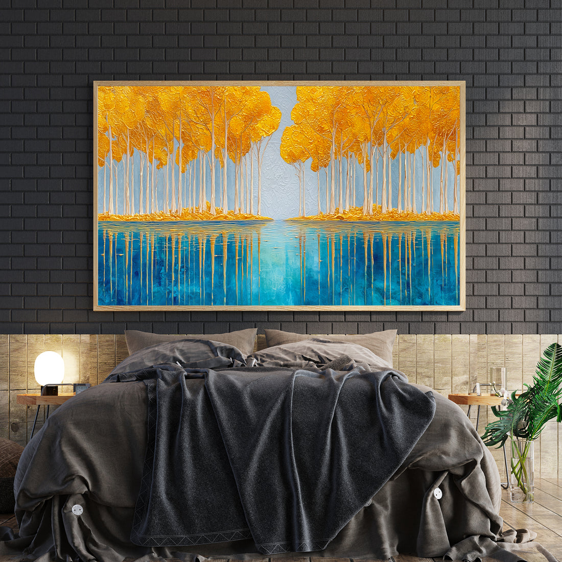 Transform your space with this striking modern abstract canvas that masterfully blends nature-inspired elements with contemporary design. The composition features a serene blue lake reflection anchored by golden forest tones, creating visual depth and sophistication. Perfect for living rooms, bedroom walls, or above sofas, this landscape painting serves as a compelling focal point that elevates any interior aesthetic. The abstract approach allows it to complement various décor styles while the warm and cool