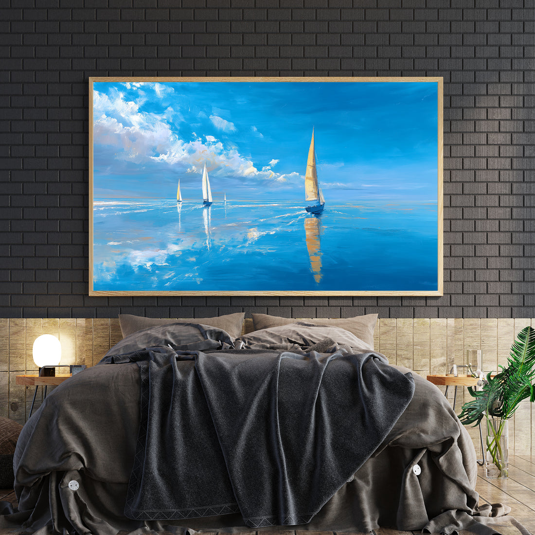 Transform your space with this striking canvas wall art featuring serene ocean sailboats gliding across a vibrant blue seascape. The crisp white sails create a captivating focal point that brings coastal elegance to any room. Perfect for living rooms, bedside walls, or above sofas, this modern nautical piece combines timeless maritime charm with contemporary design sensibilities. The balanced composition and soothing color palette evoke a sense of tranquility and adventure, making it an ideal choice for tho