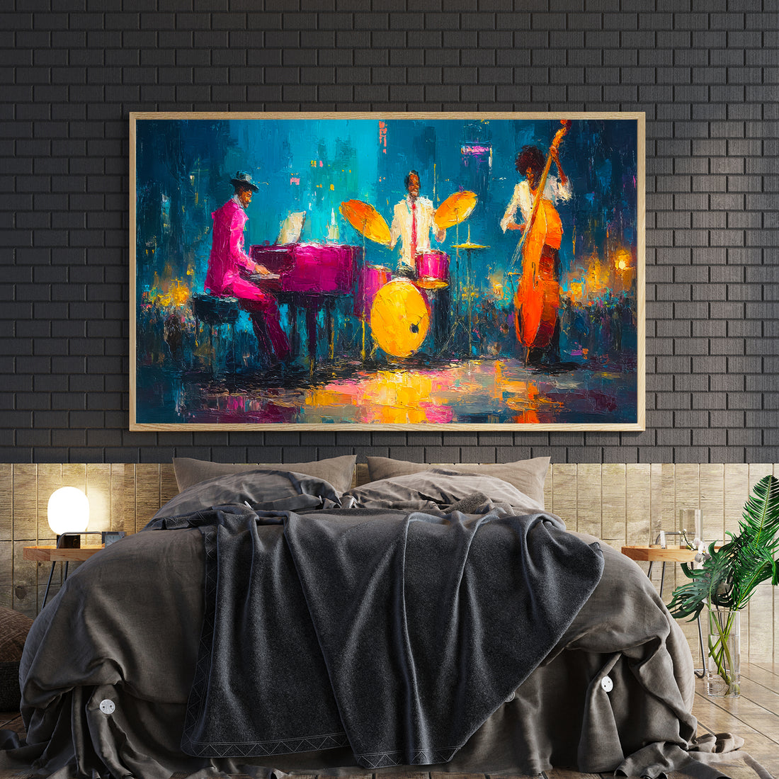 Elevate your space with this striking abstract jazz musicians canvas, where bold brushstrokes and dynamic composition capture the essence of musical expression. Perfect for living rooms, bedside walls, or above sofas, this contemporary artwork brings sophistication and artistic flair to any interior. The vibrant interplay of colors and forms creates visual movement that complements modern and eclectic décor styles.
