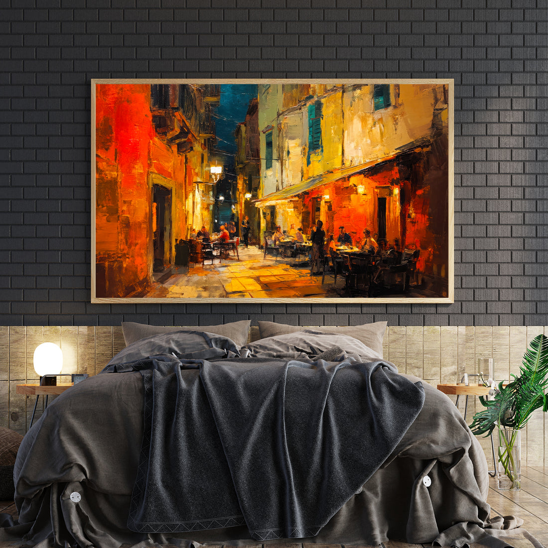 Transport your space into a charming European evening with this captivating canvas art. The piece captures an intimate alley scene bathed in warm streetlight, featuring a cozy cafe setting that evokes nostalgia and tranquility. Rich, inviting tones create an atmosphere of comfort and sophistication, making it an ideal focal point for living rooms, bedrooms, or above sofas. The detailed composition draws viewers into the scene, adding depth and character to any wall.