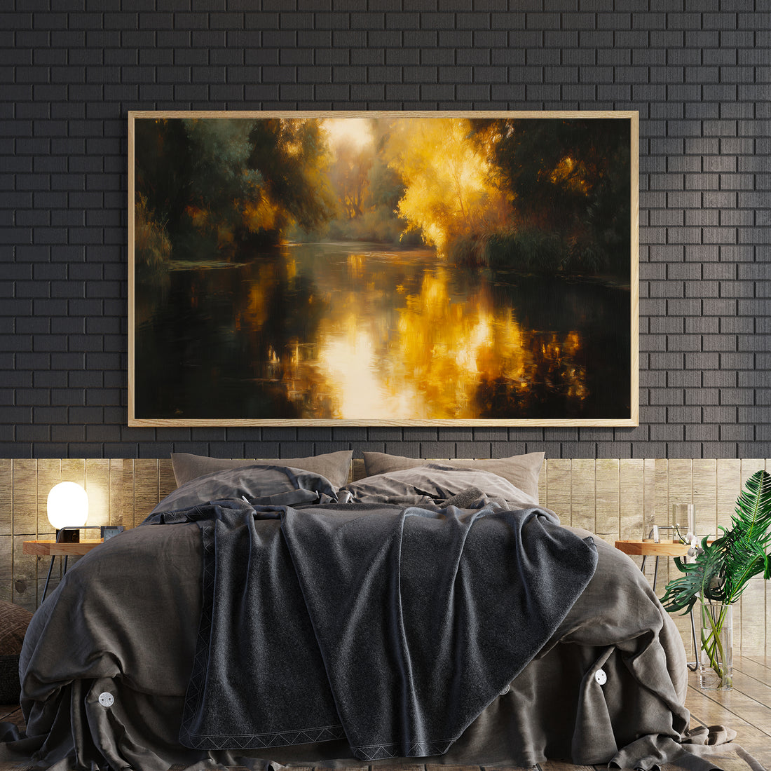 Capture the serene beauty of autumn with this striking canvas wall art featuring an abstract lake reflection composition. The sophisticated palette of dark gold and black creates a moody, elegant aesthetic that complements contemporary and traditional interiors alike. This landscape painting serves as a compelling focal point above sofas, beds, or accent walls, adding depth and artistic character to any room. The abstract interpretation of nature invites contemplation while maintaining visual harmony with e