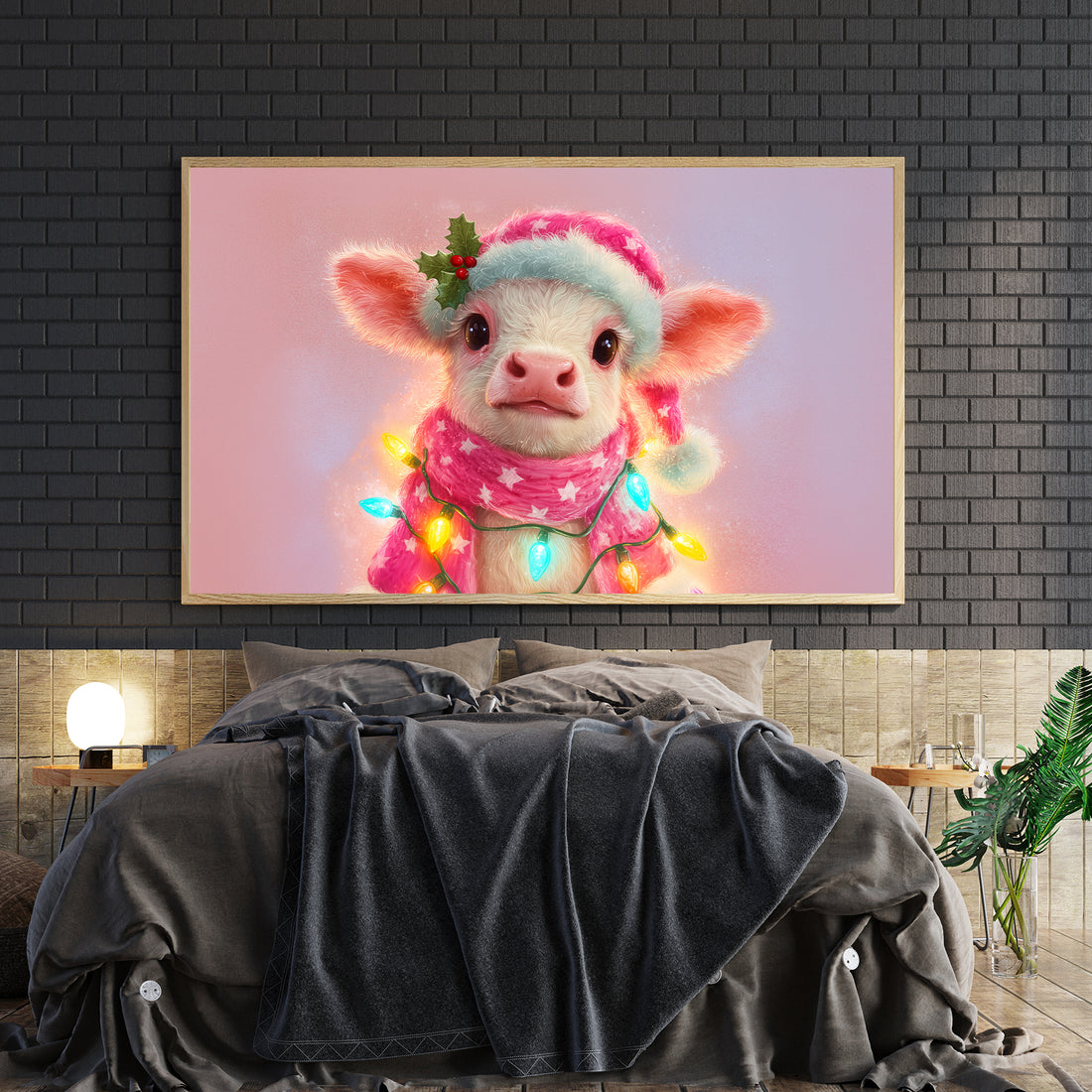 Bring festive charm to any room with this whimsical Christmas Cow Canvas Wall Art. Featuring a playful cow adorned with vibrant pink tones and holly berry accents, this piece combines holiday spirit with contemporary style