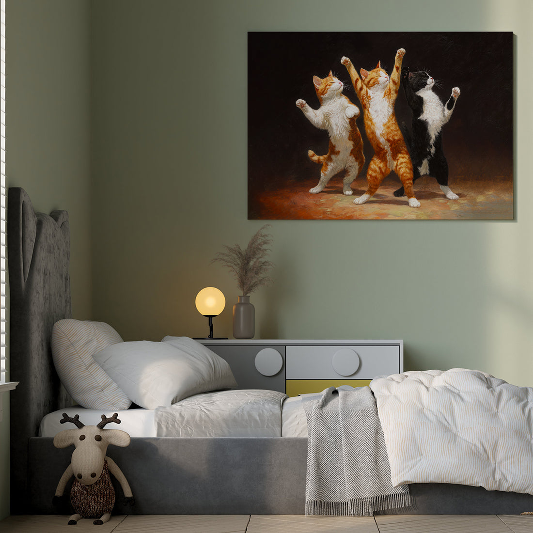 Add a playful and charming touch to your living space with this Dancing Cats Canvas Wall Art. Featuring vibrant orange and black cats in whimsical poses, this print brings humor and warmth to any room. Perfect for living rooms, sofa backdrops, or bedside decoration, it enhances your home decor with a unique and lively character. Crafted on high-quality canvas, it offers durability and vivid color retention for lasting enjoyment.