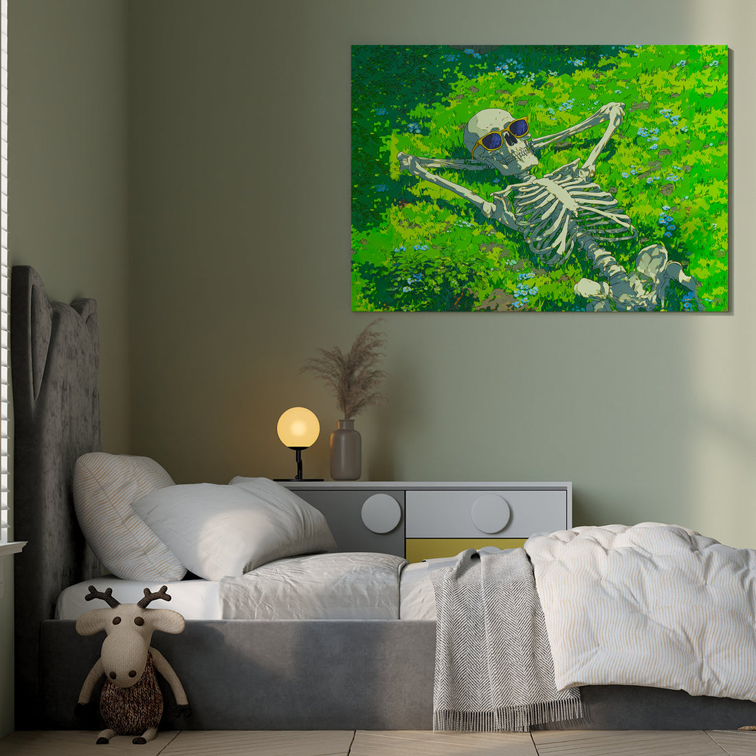 Add a unique and edgy touch to your living space with this Relaxing Skeleton Canvas Wall Art featuring a cool sunglasses design. Perfect for living rooms, sofa backdrops, or bedside decoration, this piece blends modern style with a playful vibe. Crafted to enhance your home decor, it creates a striking focal point that complements contemporary interiors with ease.