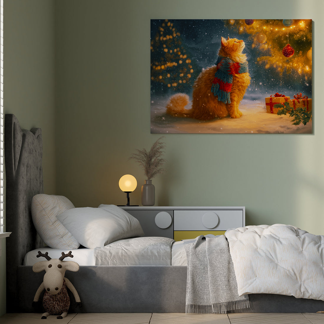 Bring festive warmth to any room with this charming Christmas Cat Canvas Wall Art. Featuring an adorable orange tabby cat nestled in a picturesque winter holiday scene, this piece captures the cozy spirit of the season. The carefully composed composition makes it an ideal focal point above your sofa, beside your bed, or in any living space seeking seasonal charm.