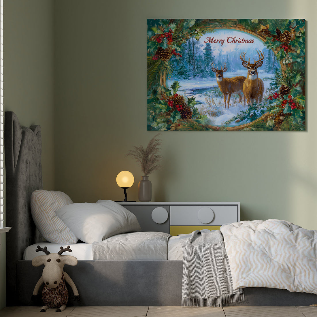 Transform your space into a winter wonderland with this captivating canvas wall art featuring an elegant deer surrounded by festive holly borders. Perfect for creating a sophisticated holiday atmosphere in your living room, above your sofa, or beside your bed, this print combines natural beauty with seasonal charm.
