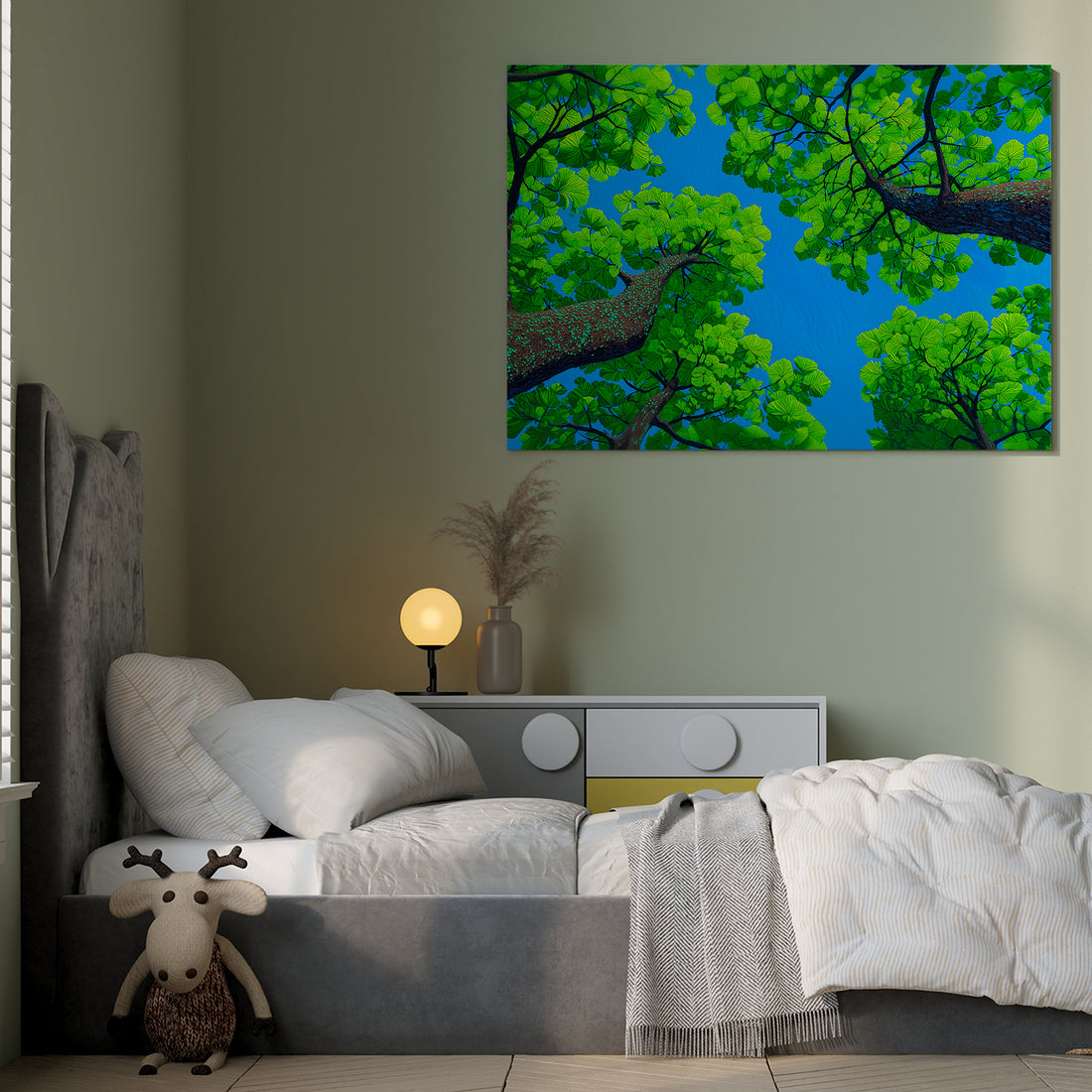 Bring serene natural beauty into your home with this captivating canvas wall art. Featuring lush green tree branches gracefully set against a tranquil blue sky, this piece creates an instant focal point that transforms any room. The calming color palette and organic composition make it ideal for living rooms, bedrooms, or above sofas, promoting relaxation and visual interest.