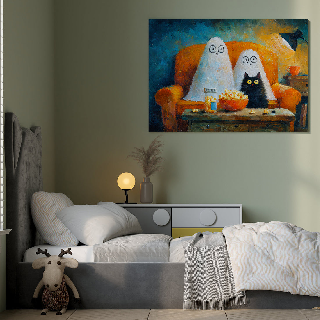 Add a touch of festive charm to your living space with this Halloween Ghost and Black Cat Canvas Wall Art. Featuring a whimsical movie night scene, it creates a cozy and playful atmosphere perfect for your living room, sofa backdrop, or bedside decoration. Crafted to enhance your home decor, this canvas combines seasonal spirit with artistic flair, making it an expert choice for those seeking unique and stylish Halloween accents.