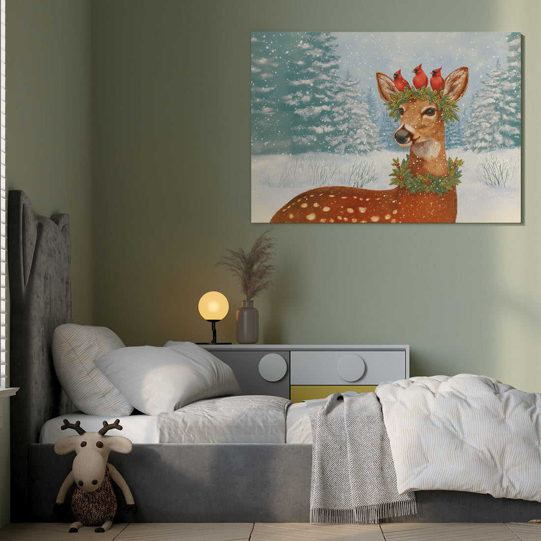Transform your space into a winter wonderland with this captivating canvas wall art. Featuring a serene snowy forest scene, the composition showcases a graceful deer alongside vibrant cardinals, accented by a lush pine wreath. The expertly rendered details and rich color palette create a sophisticated focal point that brings seasonal warmth to any room. 