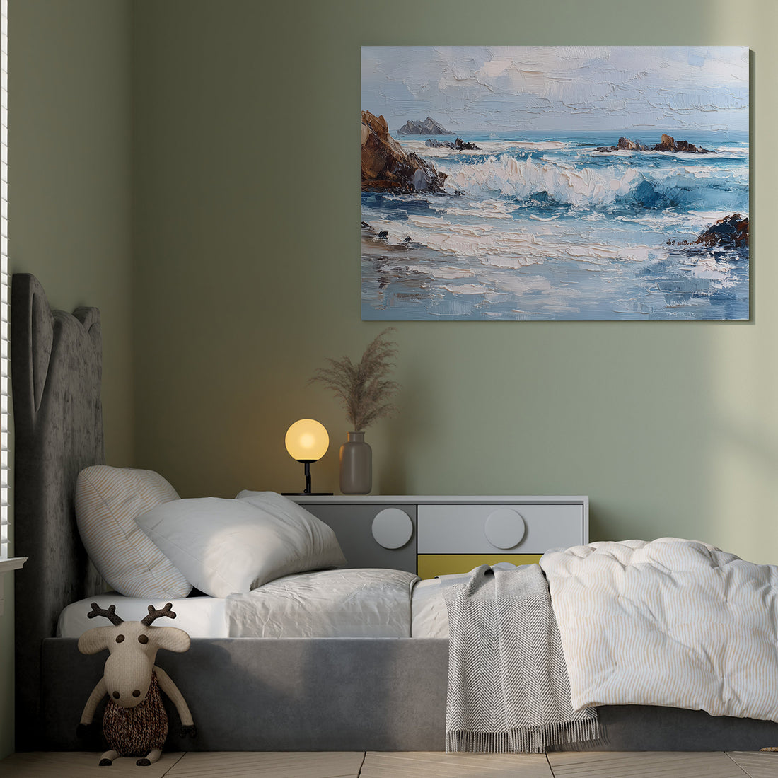 Elevate your living space with this Coastal Ocean Wave Canvas Wall Art, featuring a textured seascape painting that brings the serene beauty of the ocean indoors. Perfect as a living room centerpiece, sofa backdrop, or bedside decoration, this artwork adds depth and tranquility to any home decor. Its rich textures and calming hues create a sophisticated ambiance, making it an ideal choice for those seeking expert-level style and a peaceful atmosphere.