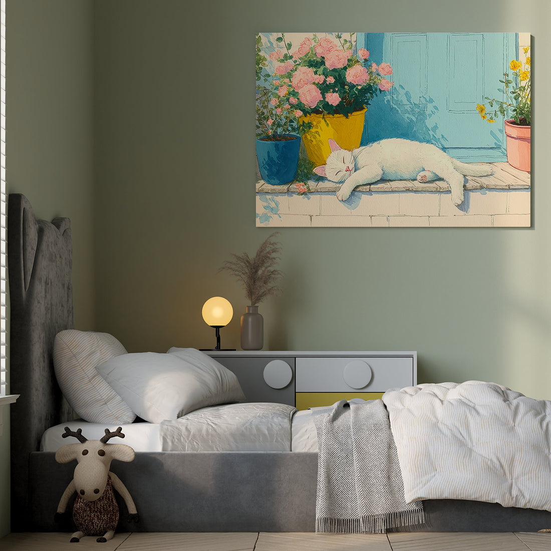 Enhance your living space with this elegant Sleeping Cat with Pink Roses canvas wall art. Perfectly suited for living rooms, sofa backdrops, or bedside decoration, it adds a serene and charming touch to your home decor. The delicate pink roses complement the peaceful cat image, creating a calming atmosphere that blends seamlessly with various interior styles. Crafted for durability and visual appeal, this canvas art piece elevates your environment with subtle sophistication.
