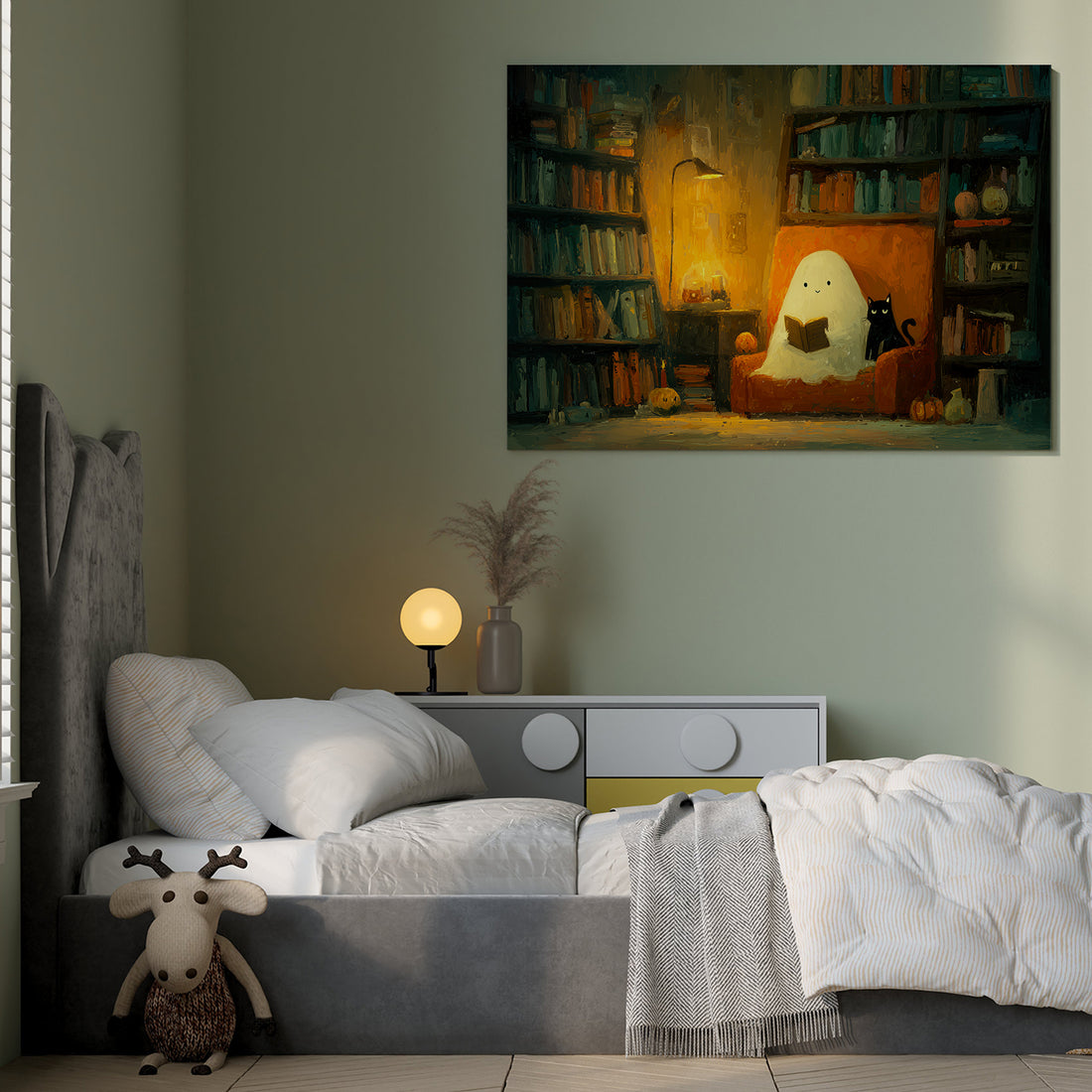 Elevate your home decor with this Halloween Ghost Reading Canvas Wall Art, featuring a captivating library scene and a mysterious black cat. Perfect for living rooms, sofa backdrops, or bedside decoration, this piece adds a subtle yet sophisticated spooky ambiance. Crafted to blend seamlessly with various interior styles, it brings a unique seasonal charm while maintaining an elegant aesthetic. Ideal for those who appreciate thematic art that enhances atmosphere without overwhelming the space.