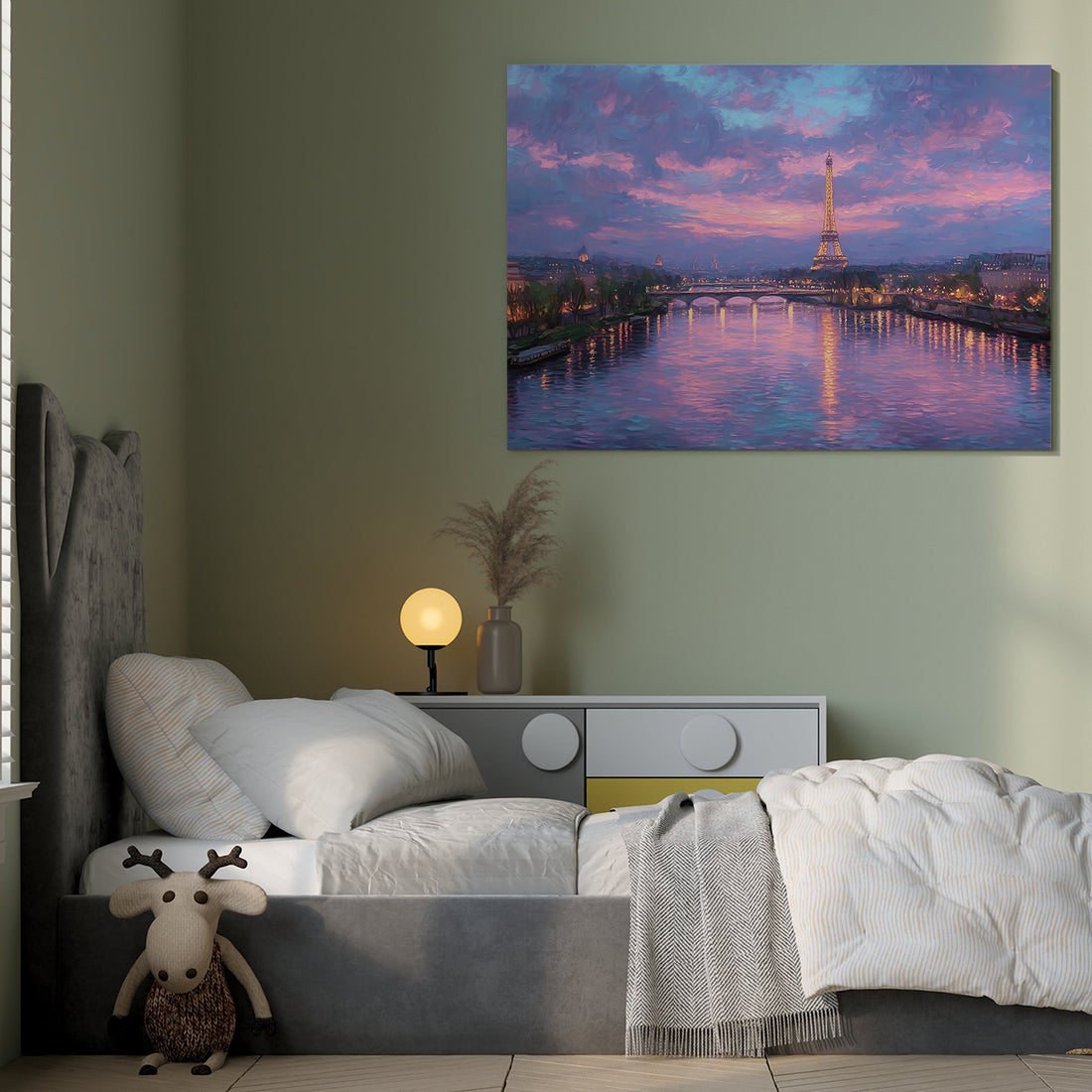 Capture the enchanting beauty of Paris at dusk with this Paris Sunset Canvas Wall Art. Featuring the iconic Eiffel Tower and the serene Seine River, this cityscape adds a sophisticated touch to your living room, sofa backdrop, or bedside area. Crafted to enhance your home decor, it brings warmth and elegance, creating a calming ambiance that complements any interior style. Perfect for those seeking to infuse their space with timeless charm and expert artistry.
