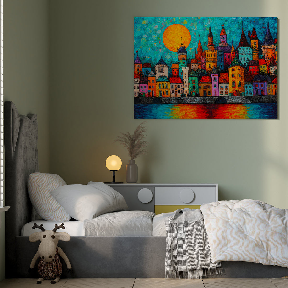 Transform your space with this captivating canvas wall art featuring a dreamy riverside town rendered in vibrant, eye-catching colors. The composition showcases distinctive architecture and charming buildings reflected in serene waters, creating visual depth and artistic intrigue. Perfect for living rooms, bedroom walls, or above sofas, this piece serves as a sophisticated focal point that elevates any interior. 
