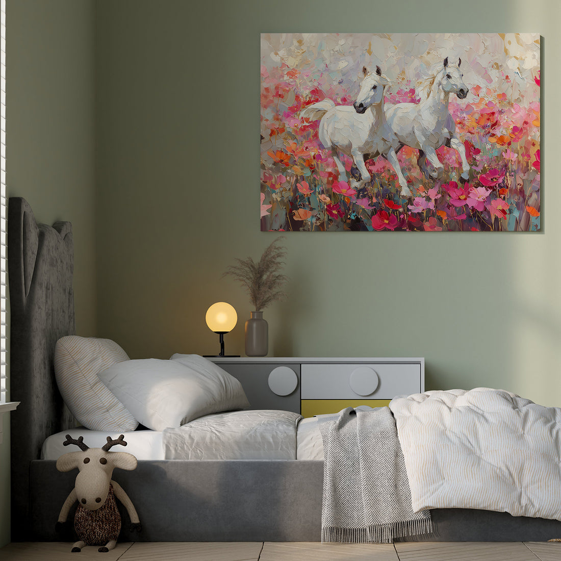 Elevate your living space with this exquisite canvas wall art featuring white horses gracefully set against a vibrant field of pink poppies. Perfectly suited for living rooms, sofa backdrops, or bedside decoration, this painting adds a serene and elegant touch to your home decor. The detailed imagery and soft color palette create a calming atmosphere, making it an ideal focal point that blends nature’s beauty with artistic sophistication. Crafted to enhance any interior, this piece brings both charm and tra