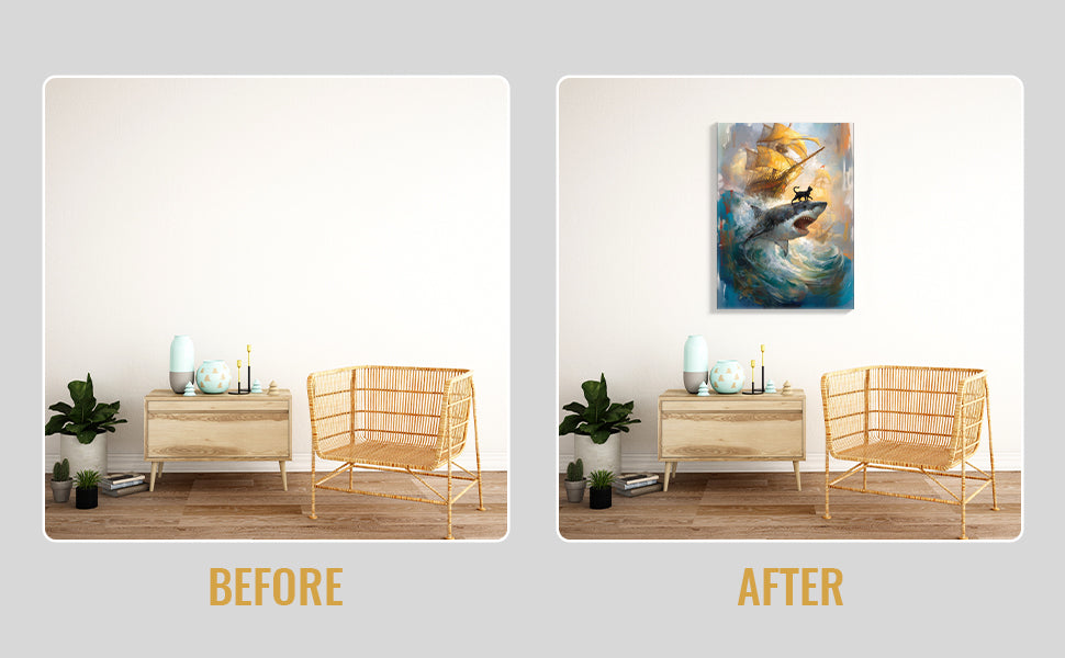 Elevate your living space with this Surreal Ocean Art Canvas Print featuring a striking black cat perched on a shark beneath a sailing ship. This unique piece blends imaginative marine elements with bold artistry, making it an exceptional backdrop for your living room, sofa area, or bedside. Crafted to inspire conversation and add depth to your home decor, it offers a sophisticated touch that complements contemporary interiors.