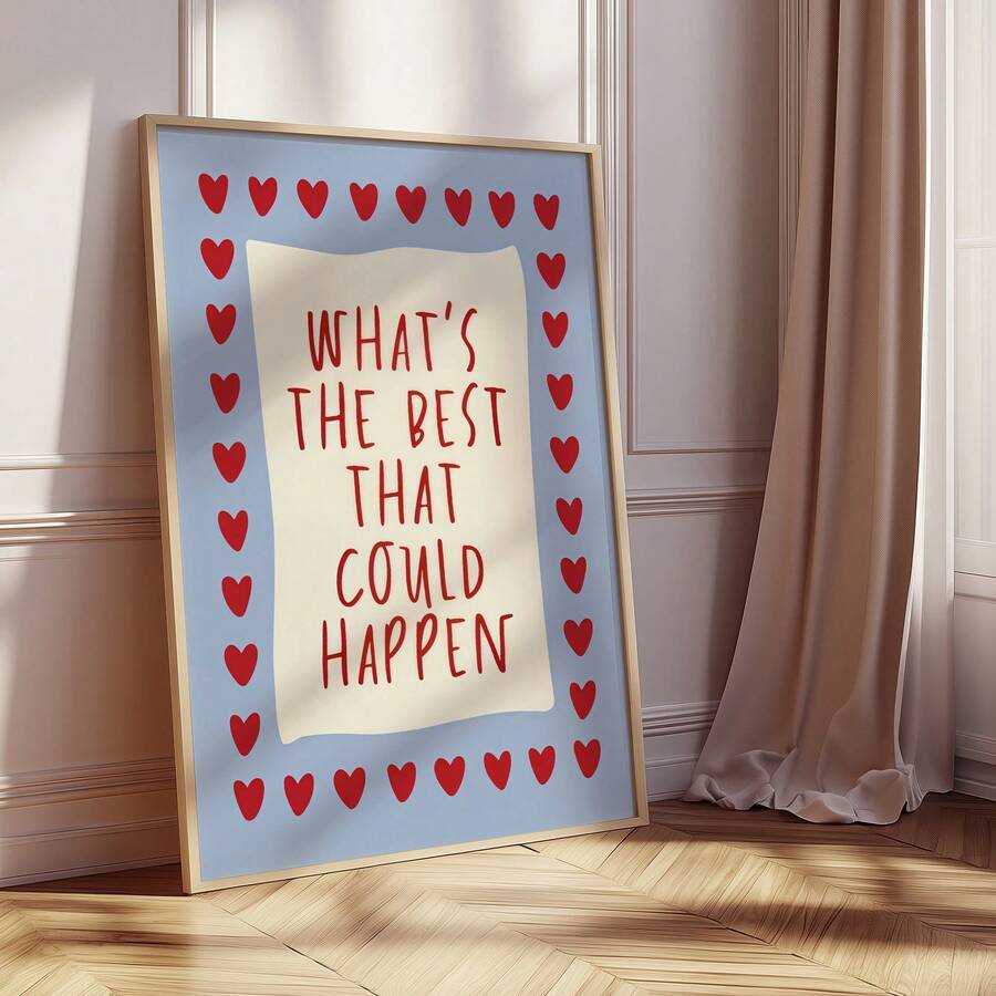 Red heart positive quote canvas poster leaning beside blush curtains
