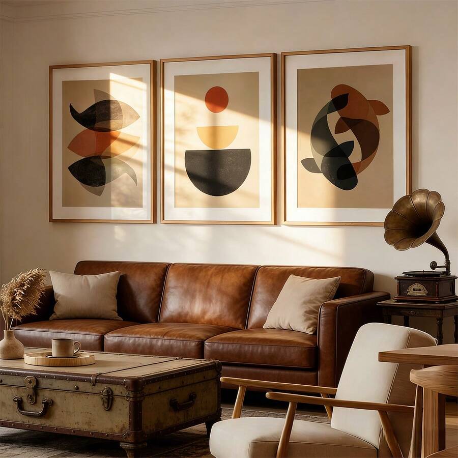 Beige brown abstract fish geometric canvas poster three-piece set