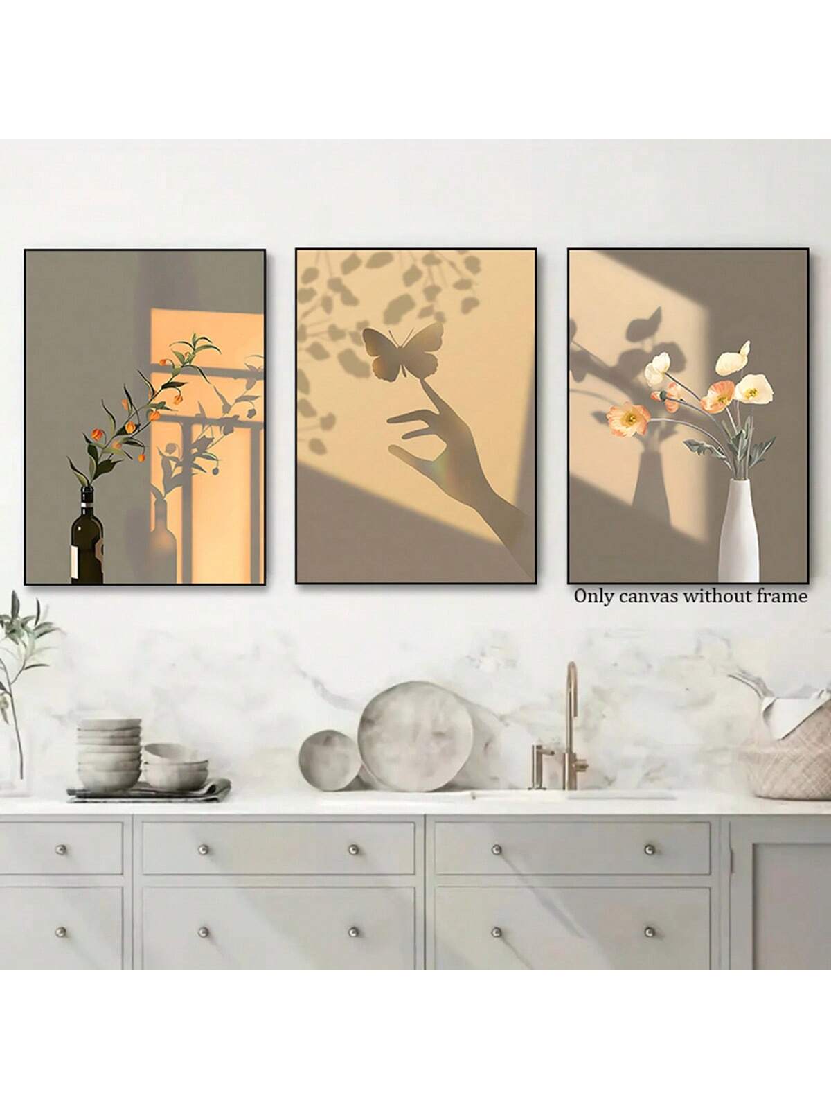 Transform your space with our Beige Sunlit Elegance: 3-Piece Un Frame Canvas Wall Art Set, featuring detailed floral and butterfly shadows. Let the neutral beige tones add a touch of elegance and sophistication to your home. Elevate your decor with this stunning piece that will surely leave a lasting impression.