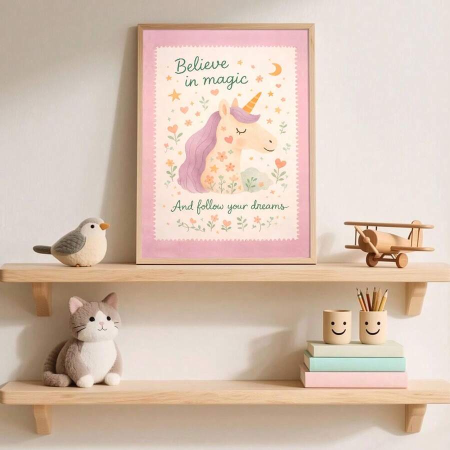 Believe in magic unicorn nursery poster in wood frame