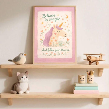 Believe in magic unicorn nursery poster in wood frame