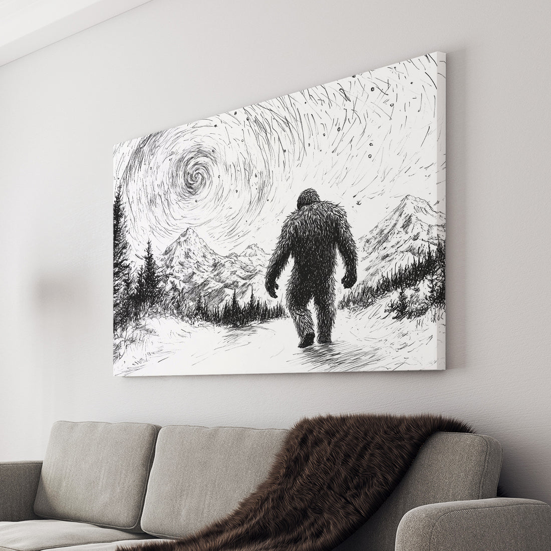 Elevate your home décor with our Bigfoot Mountain Art Print. This stunning black and white sketch will add a touch of sophistication to any living room, sofa backdrop, or bedside. Expertly crafted and scientifically designed, this print is a must-have for any art lover.