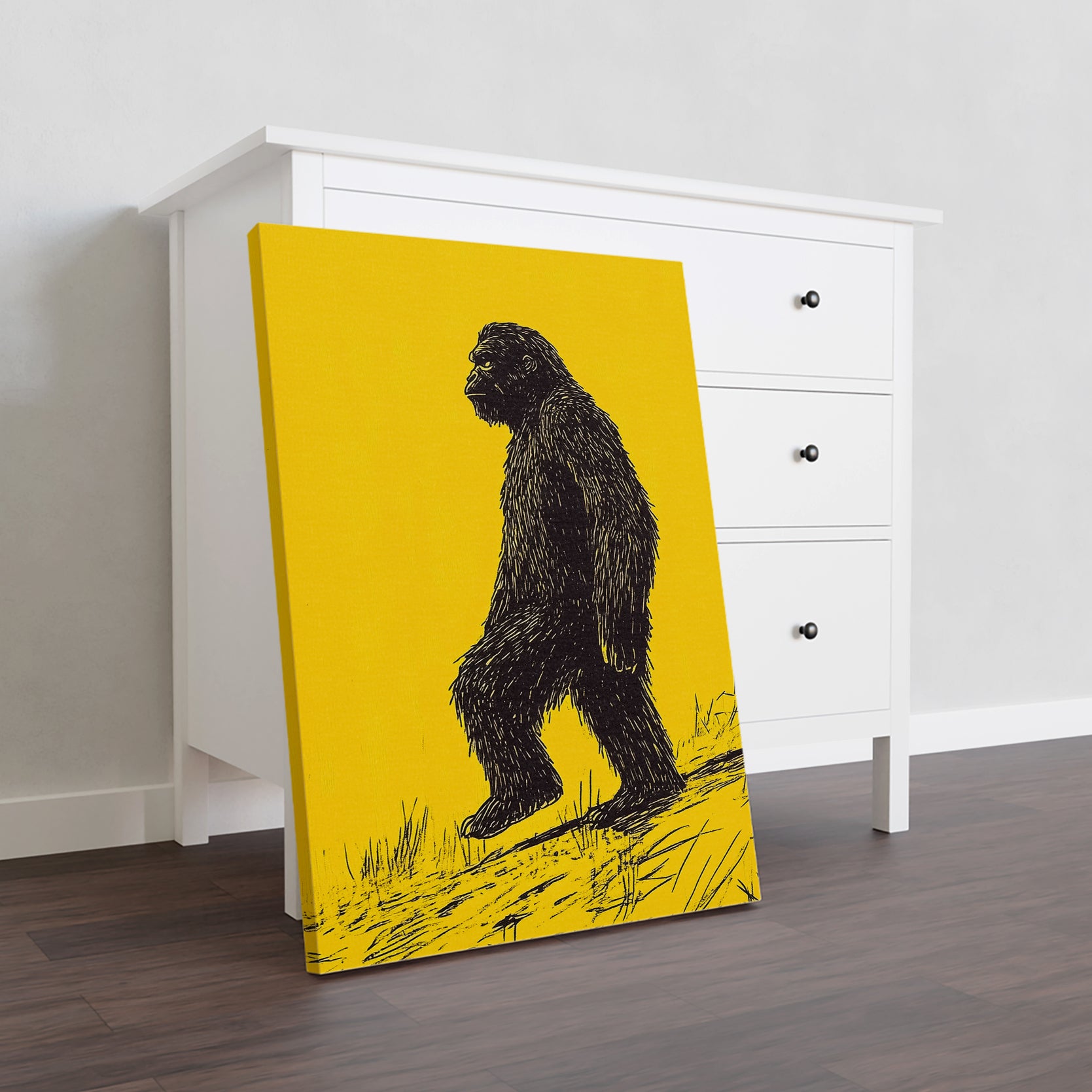 Add a touch of mystery and adventure to your living space with this Bigfoot Silhouette Wall Art. The minimalistic design in black and yellow will complement any room, making it a versatile decor piece. Perfect for the living room, sofa backdrop, bedside, or any space that needs a unique and intriguing touch.