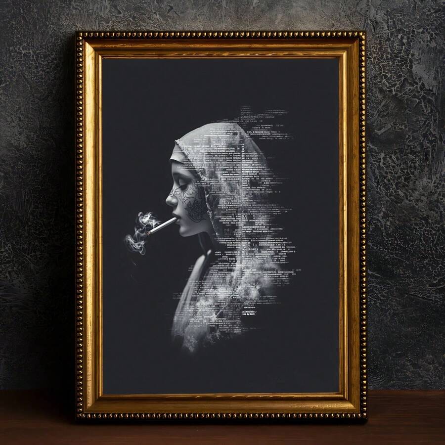 Monochrome smoking woman portrait in a gold frame against a dark wall