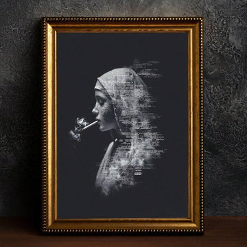 Monochrome smoking woman portrait in a gold frame against a dark wall