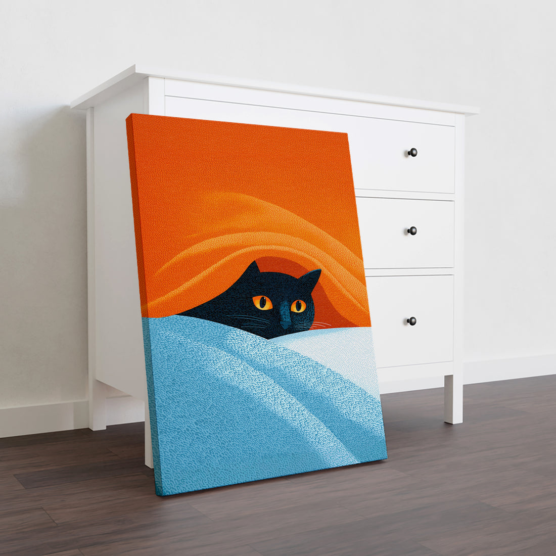 This striking black cat art print brings contemporary sophistication to any interior space. Rendered in a modern minimalist style, the composition features bold contrasts between deep black silhouettes and vibrant orange and blue tones, creating visual interest without overwhelming your décor. The clean lines and geometric approach make it versatile enough to complement various design aesthetics, from Scandinavian to mid-century modern.