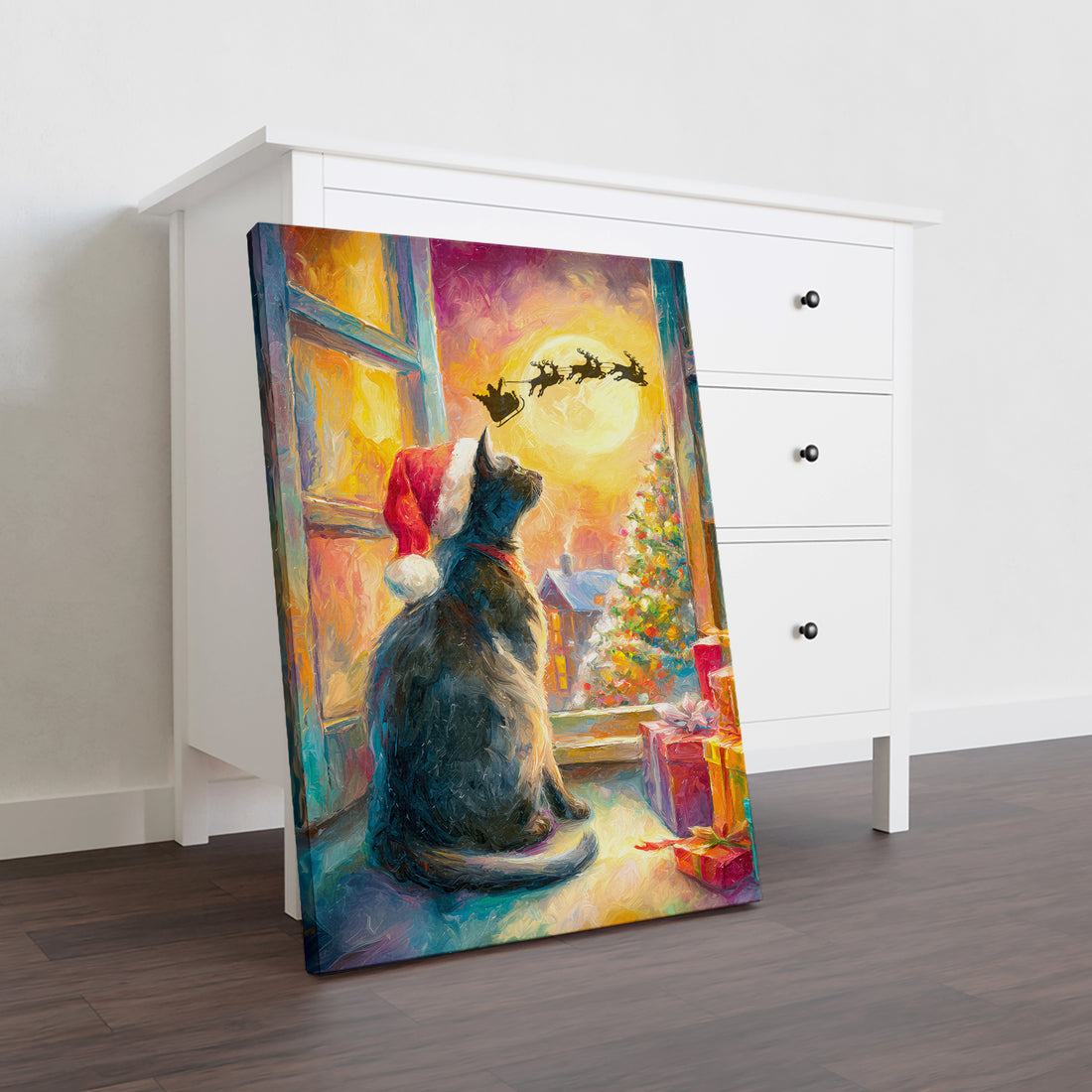 Capture the magic of Christmas Eve with this enchanting canvas wall art featuring a silhouetted black cat gazing up at Santa's sleigh soaring across a luminous moon. This festive print combines whimsical holiday charm with sophisticated design, making it an ideal focal point for living rooms, bedside walls, or above sofas.